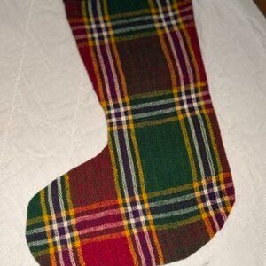 Christmas stockings in burgundy/green plaid, kilim rug material